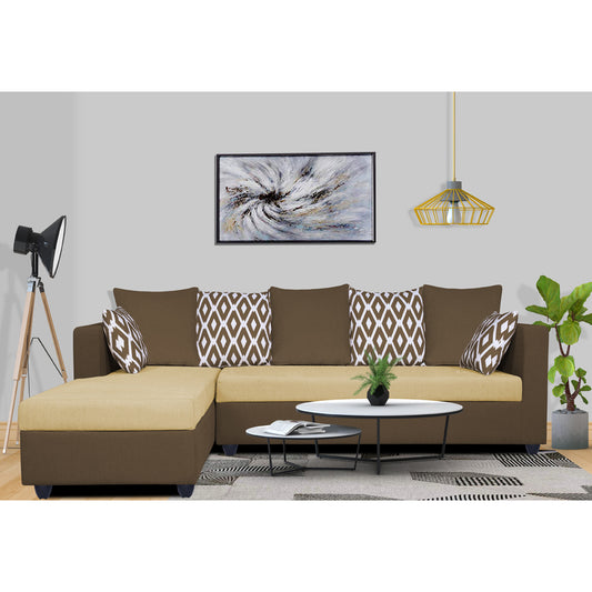 Adorn India Zink Straight line L Shape 6 Seater Sofa Rhombus Cushion (Left Side Handle)(Brown & Beige)