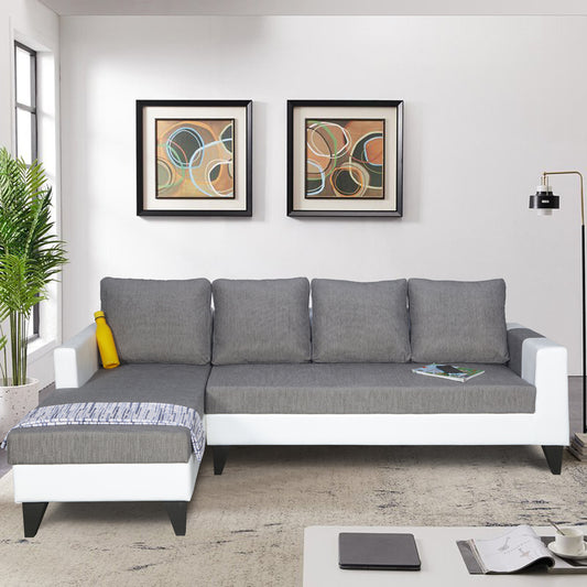 Adorn India Ashley Leatherette Fabric L Shape 6 Seater Sofa Set Plain (Left Hand Side) (Grey & White) (3 Year Warranty)