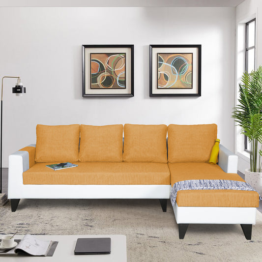 Adorn India Ashley Leatherette Fabric L Shape 6 Seater Sofa Set Plain (Right Hand Side) (Beige & White) (3 Year Warranty)