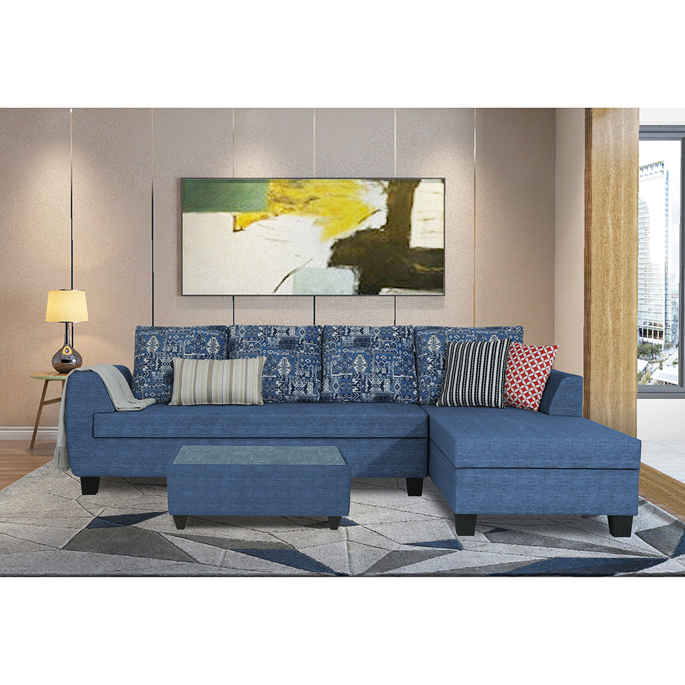 Adorn India Raiden Crafty L Shape 6 Seater Sofa Set with Center Table (Right Hand Side) (Blue) (3 Year Warranty)
