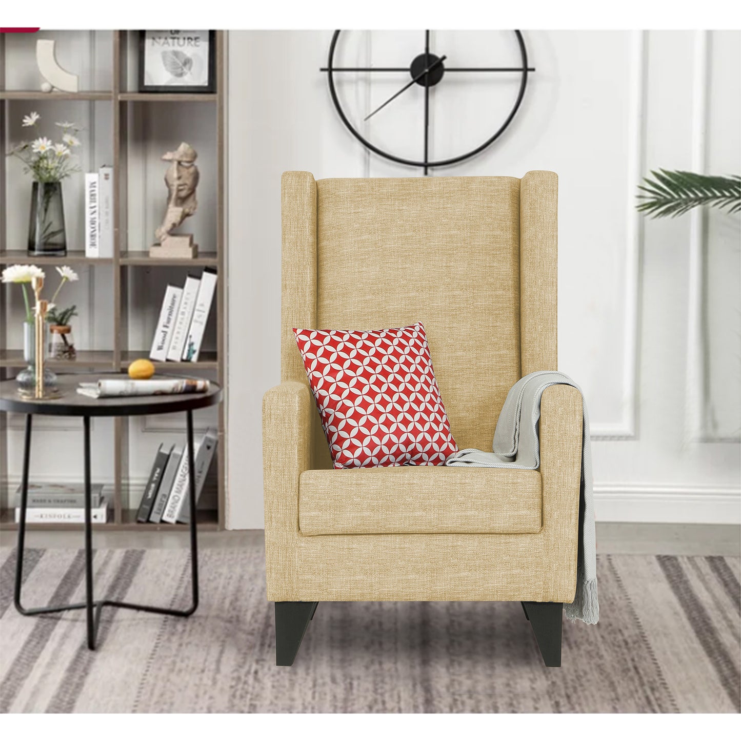 Adorn India Christopher 1 Seater Wing Chair Decent with Puffy (Beige)