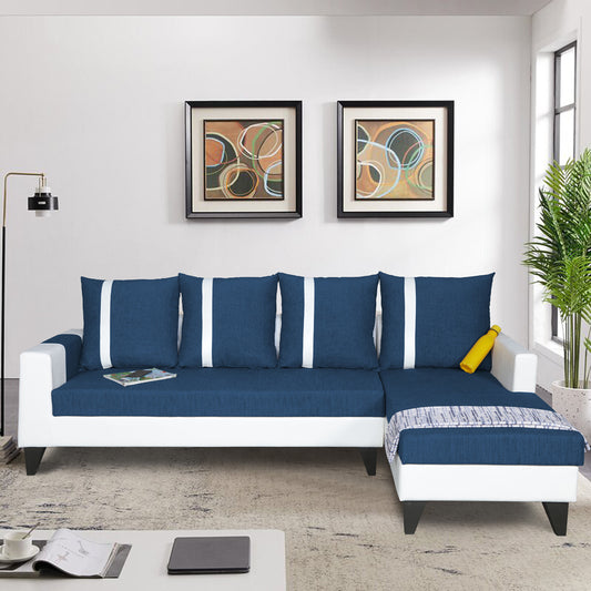 Adorn India Ashley Leatherette Fabric L Shape 6 Seater Sofa Set Stripes (Right Hand Side) (Blue & White) (3 Year Warranty)