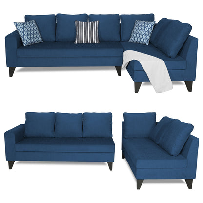 Adorn India Bryson L Shape 6 Seater Sofa Set Plain (Right Hand Side) (Blue) (3 Year Warranty)