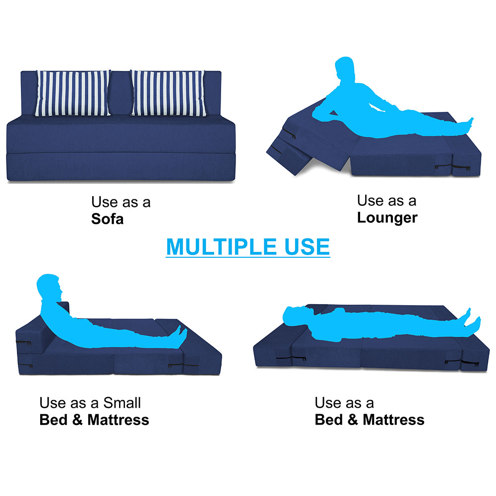 Adorn India Foam Easy Alyn Plus Stripes 3 Seater Sofa Cum Bed (5X6) (Blue) (1 Year Warranty)