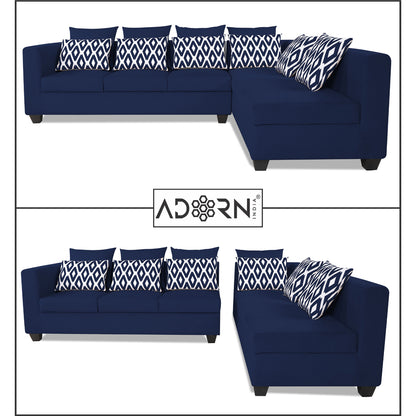Adorn India Poland L Shape 5 Seater Sofa Set - Right Side (Blue)