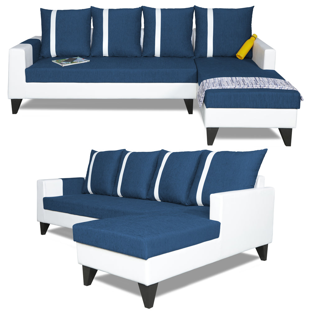 Adorn India Ashley Stripes Leatherette Fabric L Shape 8 Seater Sofa Set with 2 Ottoman Puffy & Center Table RHS (Blue & White) (3 Year Warranty)