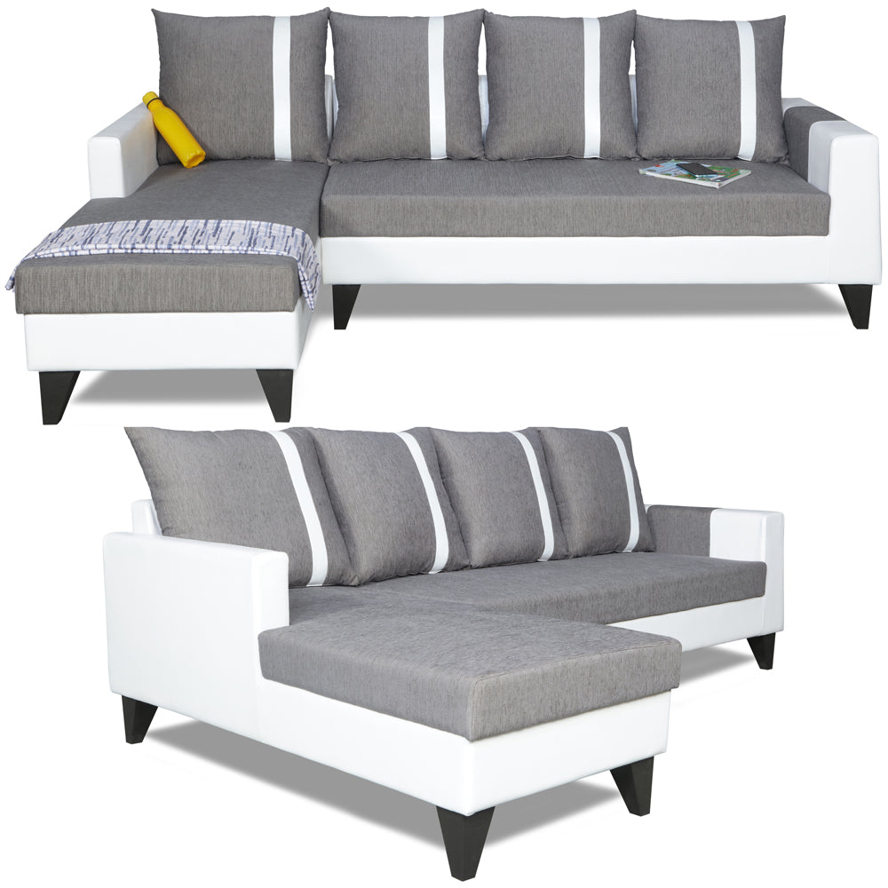 Adorn India Ashley Stripes Leatherette Fabric L Shape 8 Seater Sofa Set with 2 Ottoman Puffy & Center Table LHS (Grey & White) (3 Year Warranty)