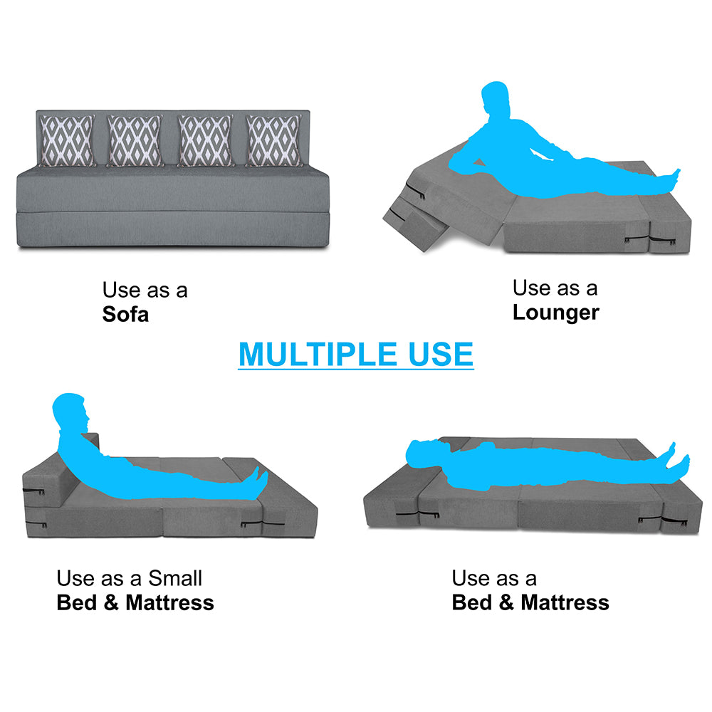 Adorn India Easy 4 Seater Sofa Cum Bed (Rhombus Pattern) Chennile Fabric - Washable Cover - Including 4 Cushion - Size 6' x 6' Ft (Grey Color) Perfect for Home & Office for Guests