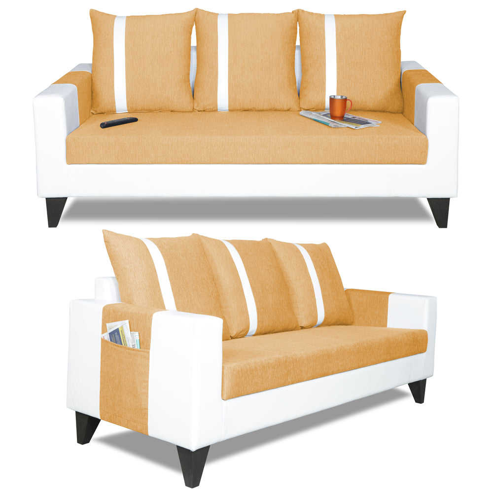 Adorn India Ashley Stripes Leatherette Fabric 3 Seater Sofa (Beige & White) (3 Year Warranty)