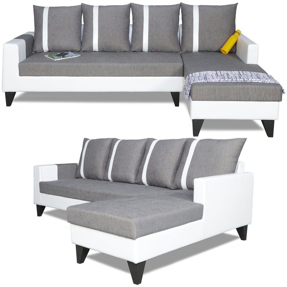Adorn India Ashley Leatherette Fabric L Shape 6 Seater Sofa Set Stripes (Right Hand Side) (Grey & White) (3 Year Warranty)