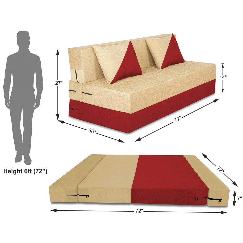 Adorn India Easy Desmond 4 Seater Sofa Cum Bed 6 x 6 (Red & Beige) (1 Year Warranty)