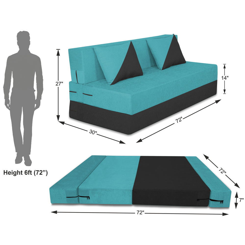 Adorn India Foam Easy Desmond 4 Seater Sofa Cum Bed 6 X 6 (Aqua Blue & Black) (1 Year Warranty)