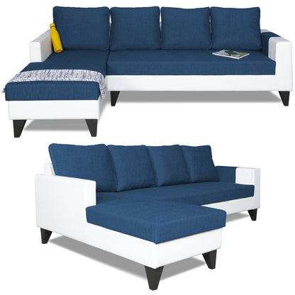 Adorn India Ashley Leatherette Fabric L Shape 6 Seater Sofa Set Plain (Left Hand Side) (Blue & White) (3 Year Warranty)