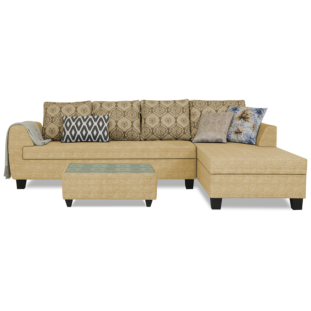 Adorn India Raiden Damask L Shape 6 Seater Sofa Set with Center Table (Right Hand Side) (Beige) (3 Year Warranty)