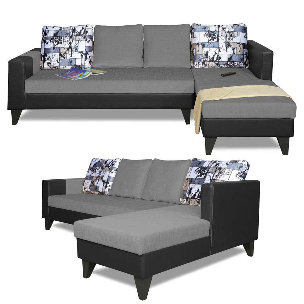 Adorn India Ashley L Shape 6 Seater Sofa Set Leatherette Fabric Digitel Print (Right Hand Side) (Grey & Black) (3 Year Warranty)