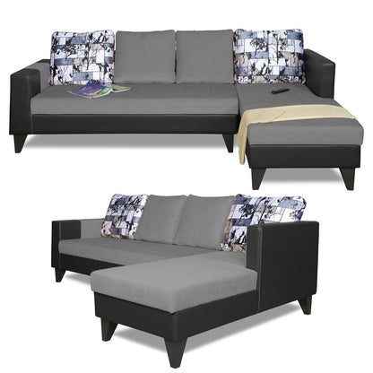 Adorn India Ashley L Shape 6 Seater Sofa Set Leatherette Fabric Digitel Print (Right Hand Side) (Grey & Black) (3 Year Warranty)