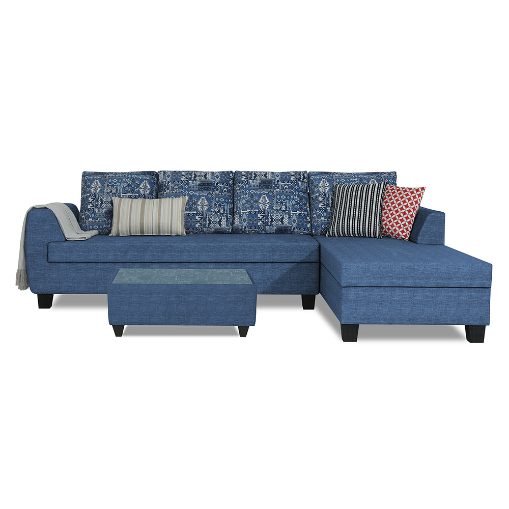 Adorn India Raiden Crafty L Shape 6 Seater Sofa Set with Center Table (Right Hand Side) (Blue) (3 Year Warranty)