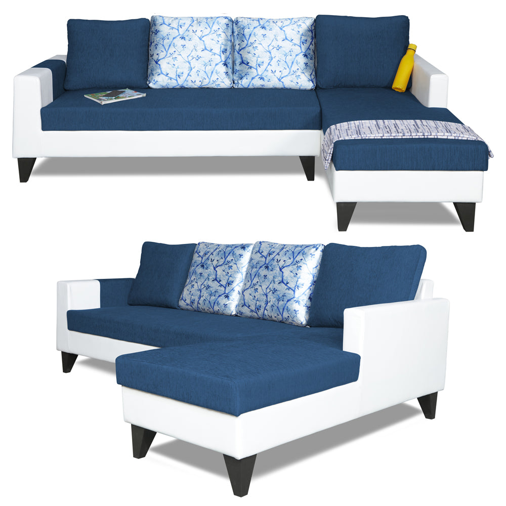 Adorn India Ashley Leatherette Fabric L Shape 6 Seater Sofa Set Digitel Print (Right Hand Side) (Blue & White) (3 Year Warranty)