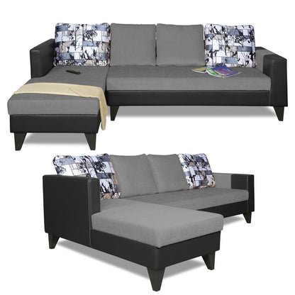 Adorn India Ashley L Shape 6 Seater Sofa Set Leatherette Fabric Digitel Print (Left Hand Side) (Grey & Black) (3 Year Warranty)