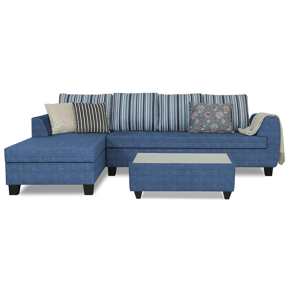 Adorn India Raiden Stripes L Shape 6 Seater Sofa Set with Center Table (Left Hand Side) (Blue) (3 Year Warranty)