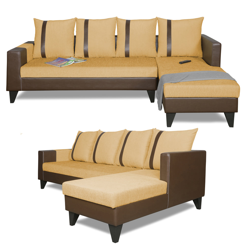 Adorn India Ashley L Shape 6 Seater Sofa Set Leatherette Fabric Stripes (Right Hand Side) (Brown & Beige) (3 Year Warranty)