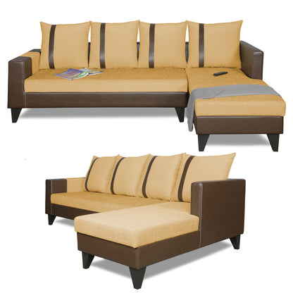 Adorn India Ashley L Shape 6 Seater Sofa Set Leatherette Fabric Stripes (Right Hand Side) (Brown & Beige) (3 Year Warranty)