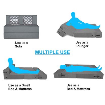 Adorn India Easy 2 Seater Sofa Cum Bed (Rhombus Pattern) Chennile Fabric - Washable Cover - Including 2 Cushion - Size 4' x 6' Ft (Grey Color) Perfect for Home & Office for Guests