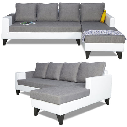 Adorn India Ashley Leatherette Fabric L Shape 6 Seater Sofa Set Plain (Right Hand Side) (Grey & White) (3 Year Warranty)