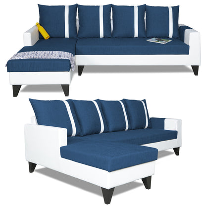 Adorn India Ashley Stripes Leatherette Fabric L Shape 8 Seater Sofa Set with 2 Ottoman Puffy & Center Table LHS (Blue & White) (3 Year Warranty)