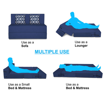 Adorn India Easy 2 Seater Sofa Cum Bed (Rhombus Pattern) Chennile Fabric - Washable Cover - Including 2 Cushion - Size 4' x 6' Ft (Blue Color) Perfect for Home & Office for Guests