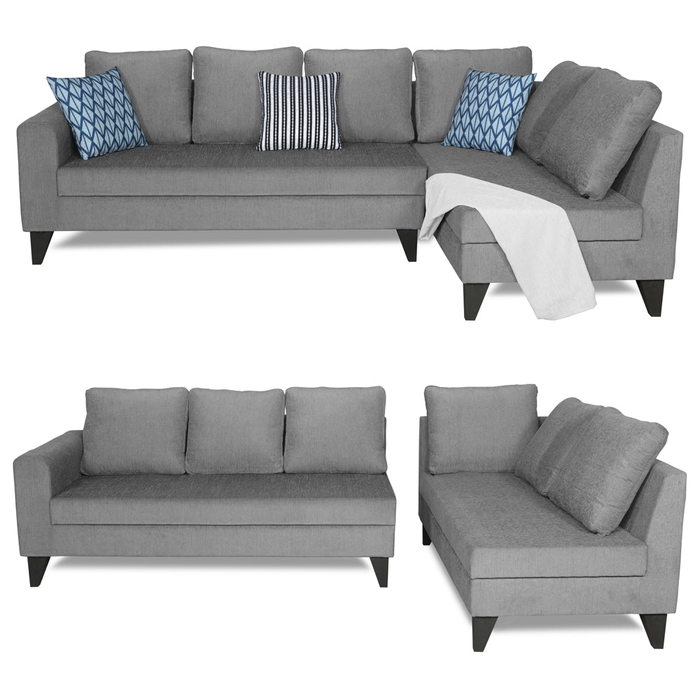 Adorn India Bryson L Shape 6 Seater Sofa Set Plain (Right Hand Side) (Grey) (3 Year Warranty)