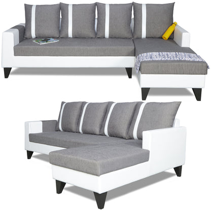Adorn India Ashley Stripes Leatherette Fabric L Shape 8 Seater Sofa Set with 2 Ottoman Puffy & Center Table RHS (Grey & White) (3 Year Warranty)