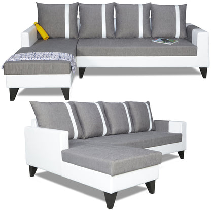 Adorn India Ashley Leatherette Fabric L Shape 6 Seater Sofa Set Stripes (Left Hand Side) (Grey & White) (3 Year Warranty)