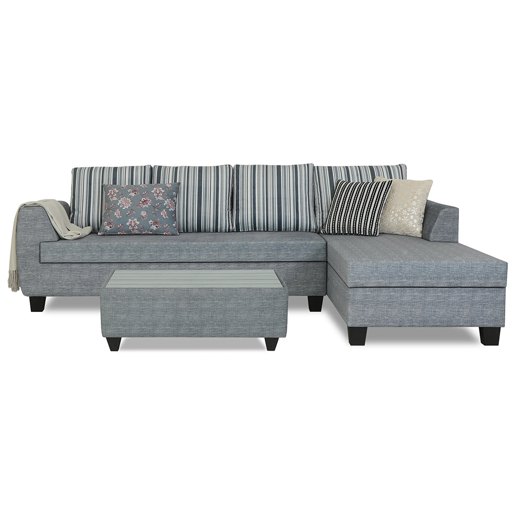 Adorn India Raiden Stripes L Shape 6 Seater Sofa Set with Center Table (Right Hand Side) (Grey) (3 Year Warranty)