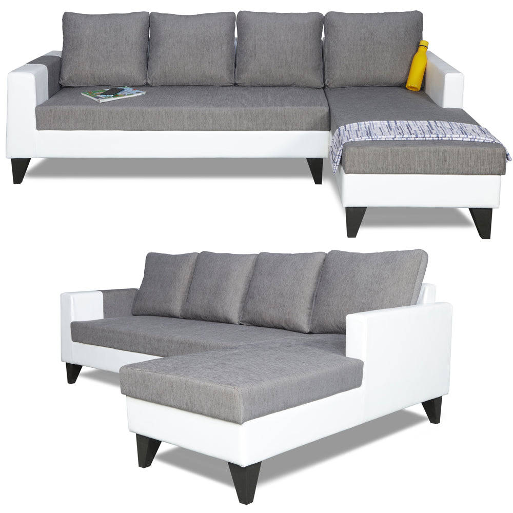 Adorn India Ashley Plain Leatherette Fabric L Shape 8 Seater Sofa Set with 2 Ottoman Puffy & Center Table RHS (Grey & White) (3 Year Warranty)