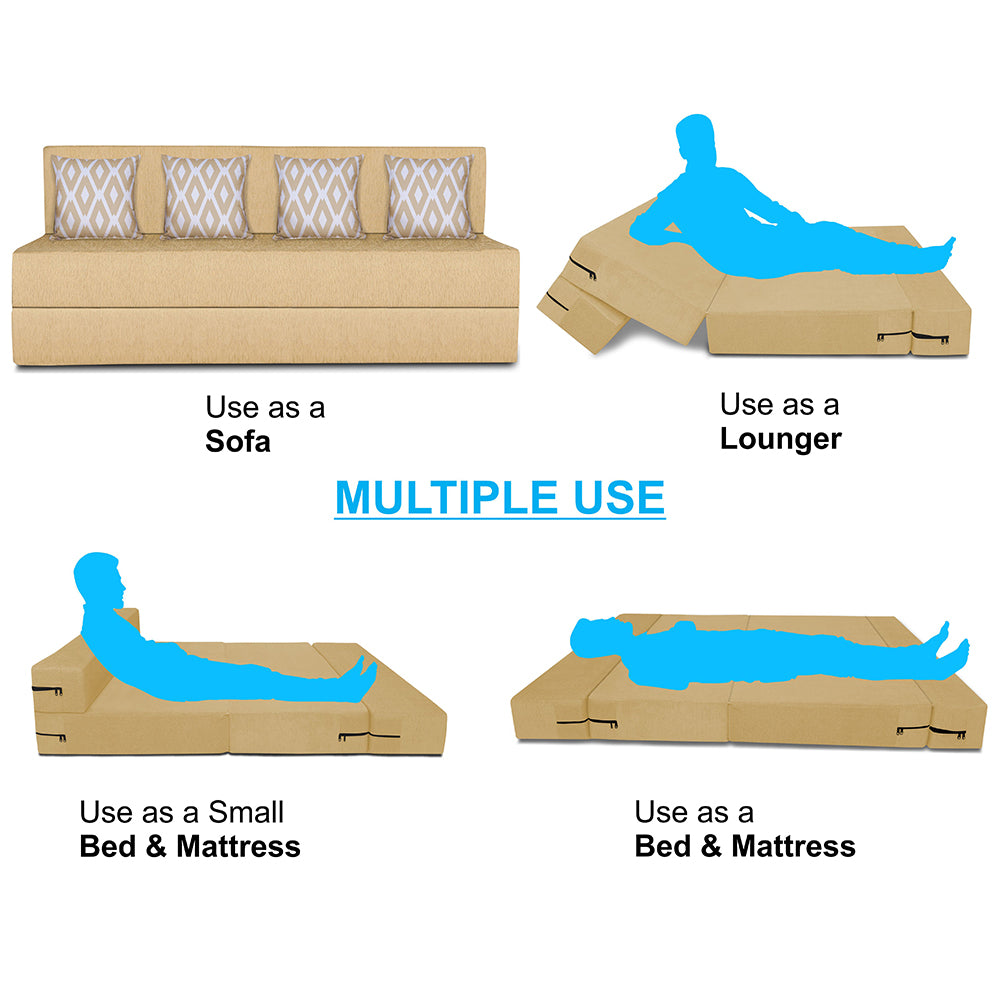 Adorn India Easy 4 Seater Sofa Cum Bed (Rhombus Pattern) Chennile Fabric - Washable Cover - Including 4 Cushion - Size 6' x 6' Ft (Beige Color) Perfect for Home & Office for Guests