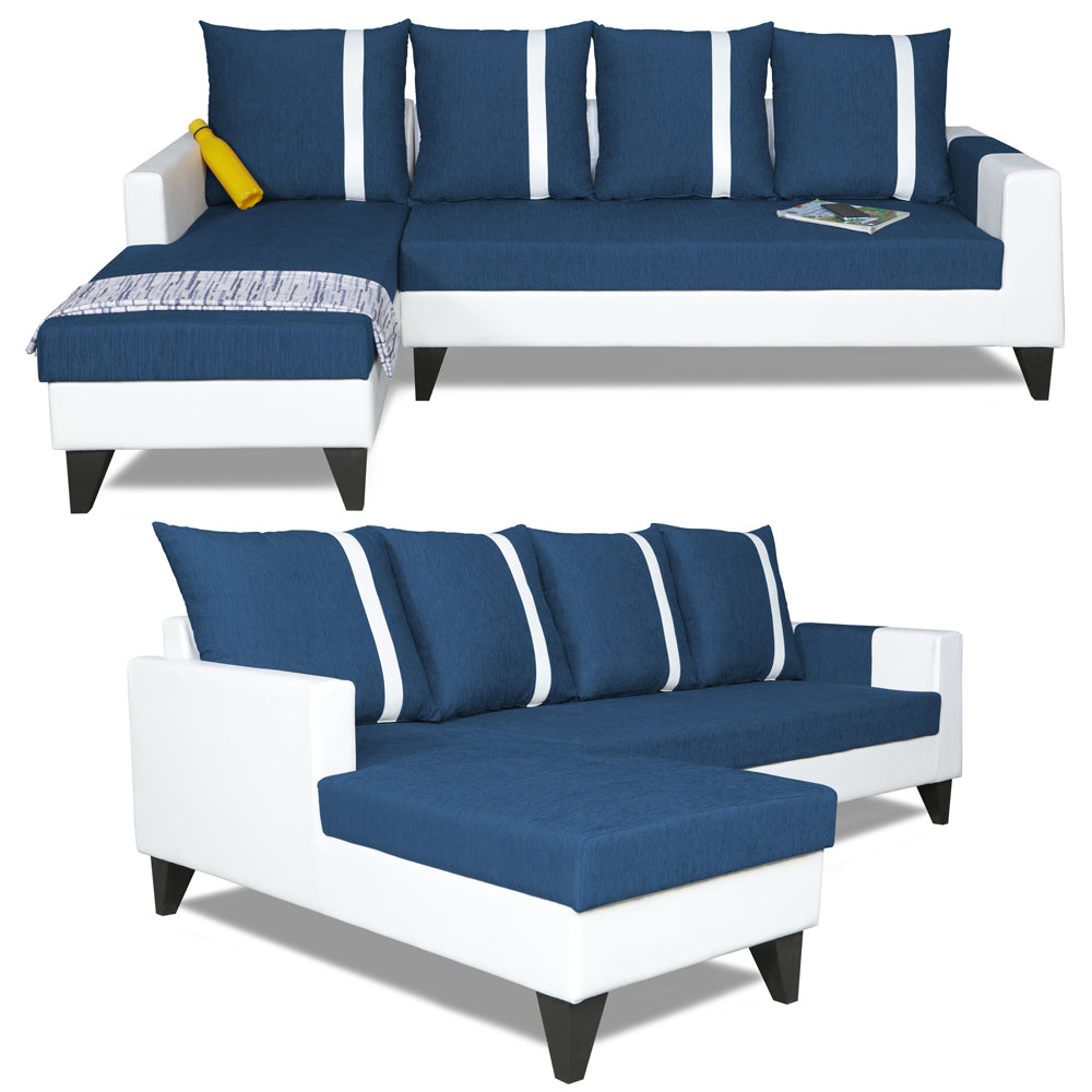 Adorn India Ashley Leatherette Fabric L Shape 6 Seater Sofa Set Stripes (Left Hand Side) (Blue & White) (3 Year Warranty)