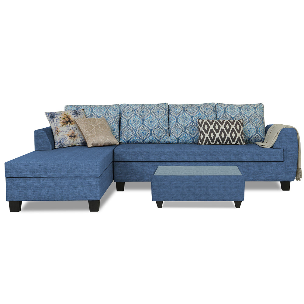 Adorn India Raiden Damask L Shape 6 Seater Sofa Set with Center Table (Left Hand Side) (Blue) (3 Year Warranty)