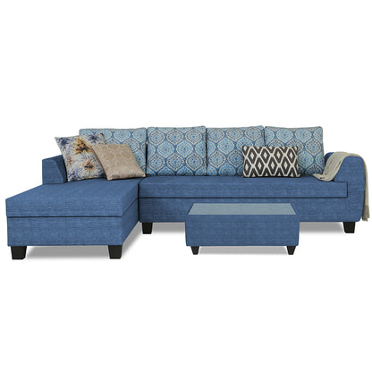 Adorn India Raiden Damask L Shape 6 Seater Sofa Set with Center Table (Left Hand Side) (Blue) (3 Year Warranty)