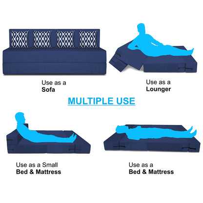 Adorn India Easy 4-Person Sofa Cum Bed (Rhombus Pattern) Chennile Fabric- Washable Cover- Including 4 Cushion- Size 6' X 6' Ft (Blue Color) Perfect for Home & Office for Guests