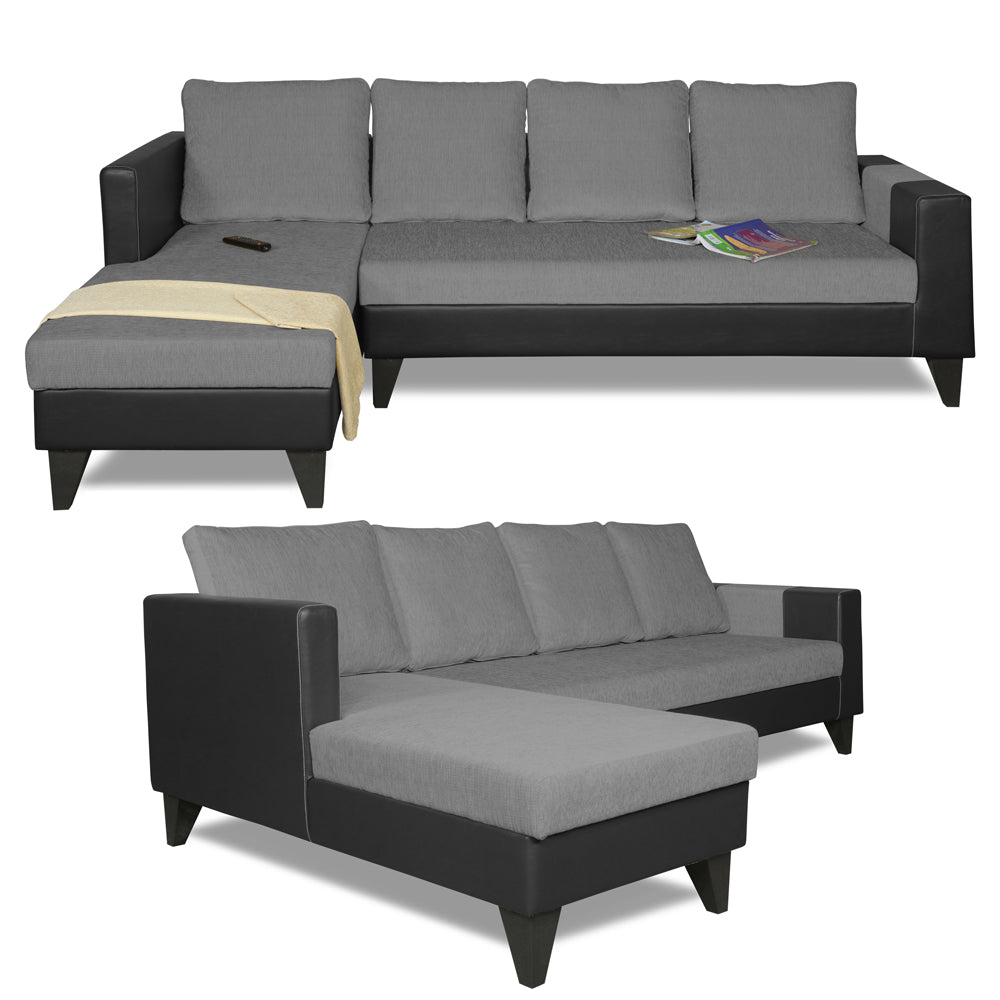 Adorn India Ashley L Shape 6 Seater Sofa Set Leatherette Fabric Plain (Left Hand Side) (Grey & Black) (3 Year Warranty)