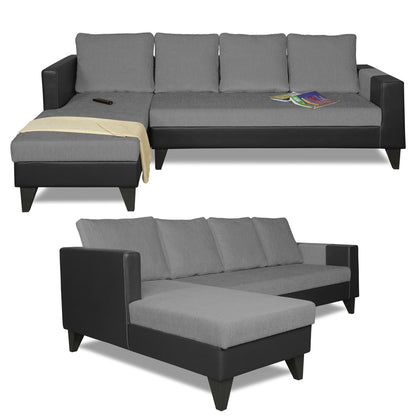 Adorn India Ashley L Shape 6 Seater Sofa Set Leatherette Fabric Plain (Left Hand Side) (Grey & Black) (3 Year Warranty)