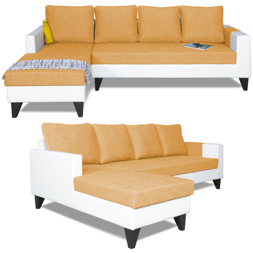 Adorn India Ashley Leatherette Fabric L Shape 6 Seater Sofa Set Plain (Left Hand Side) (Beige & White) (3 Year Warranty)