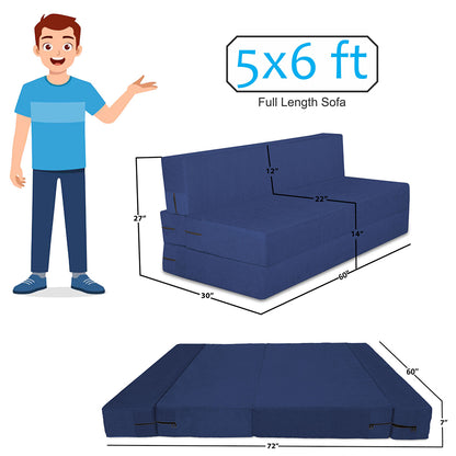 Adorn India Easy 3 Seater Sofa Cum Bed (Rhombus Pattern) Chennile Fabric - Washable Cover - Including 3 Cushion - Size 5' x 6' Ft (Blue Color) Perfect for Home & Office for Guests
