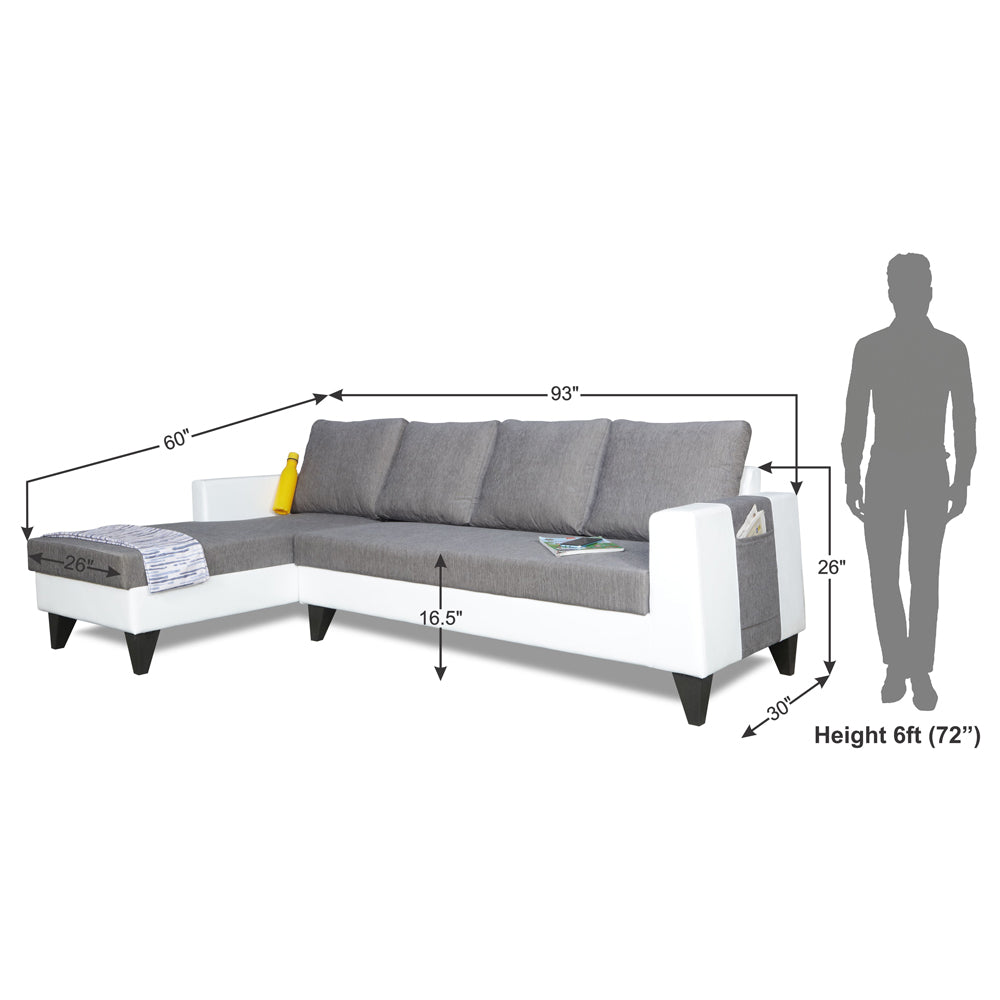 Adorn India Ashley Leatherette Fabric L Shape 6 Seater Sofa Set Plain (Left Hand Side) (Grey & White) (3 Year Warranty)