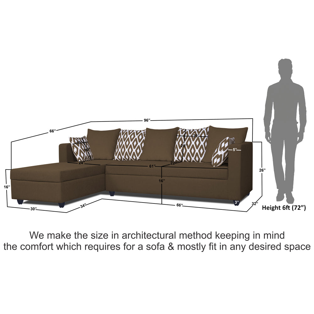 Adorn India Zink Straight line L Shape 5 Seater Sofa Rhombus Cushion (Left Side Handle)(Camel)