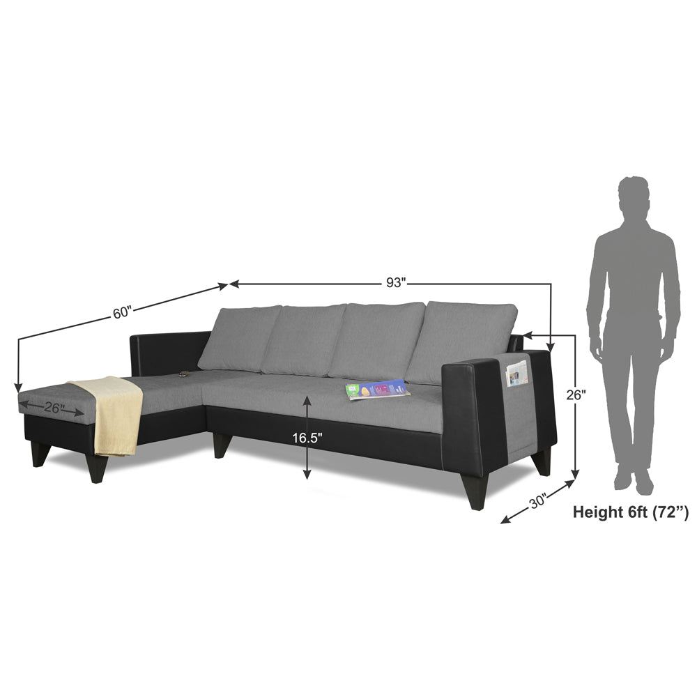 Adorn India Ashley L Shape 6 Seater Sofa Set Leatherette Fabric Plain (Left Hand Side) (Grey & Black) (3 Year Warranty)