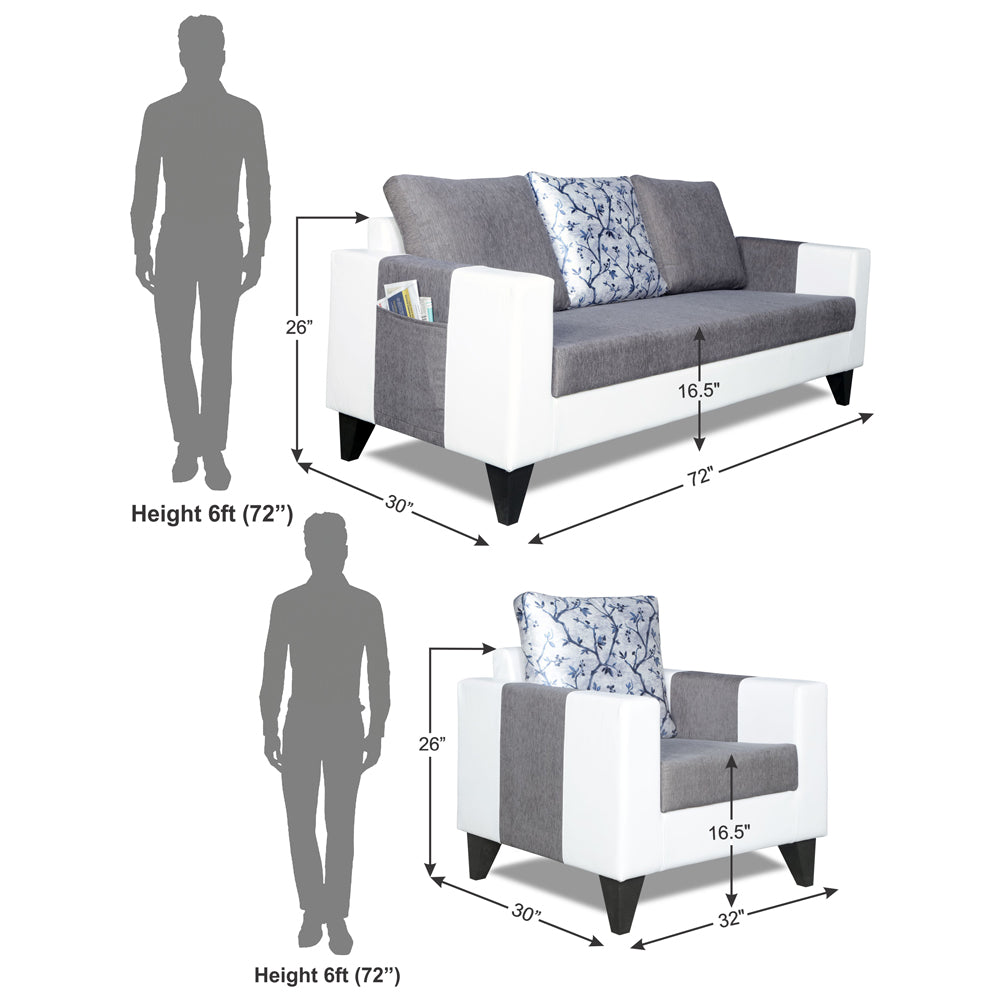 Adorn India Ashley Digitel Print Leatherette Fabric 3-1-1 Five Seater Sofa Set (Grey & White) (3 Year Warranty)