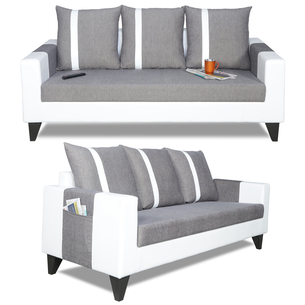Adorn India Ashley Stripes Leatherette Fabric 3-2-1 Six Seater Sofa Set (Grey & White) (3 Year Warranty)