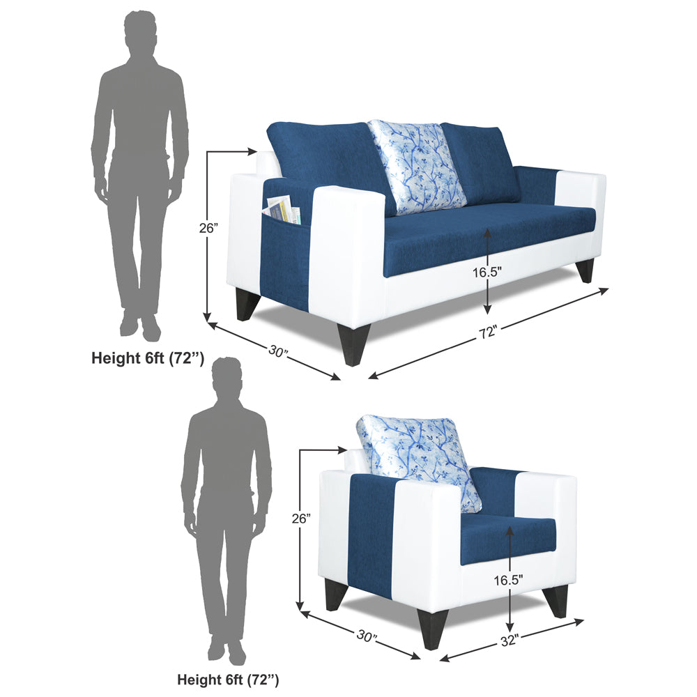 Adorn India Ashley Digitel Print Leatherette Fabric 3-1-1 Five Seater Sofa Set (Blue & White) (3 Year Warranty)